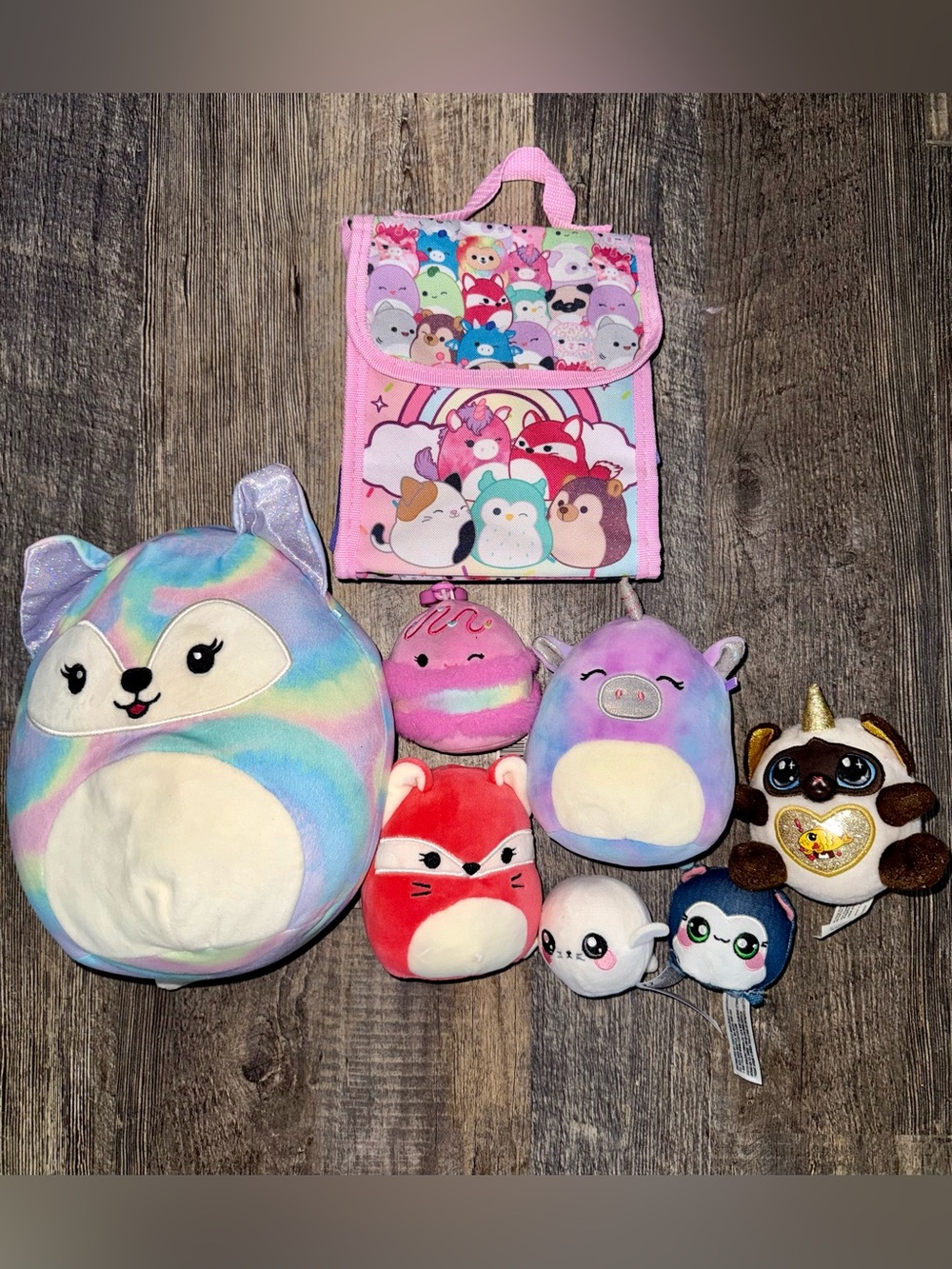 Kids Plush Toy Set - Pastel Multicolor Plush Animals with Pink Lunch Bag